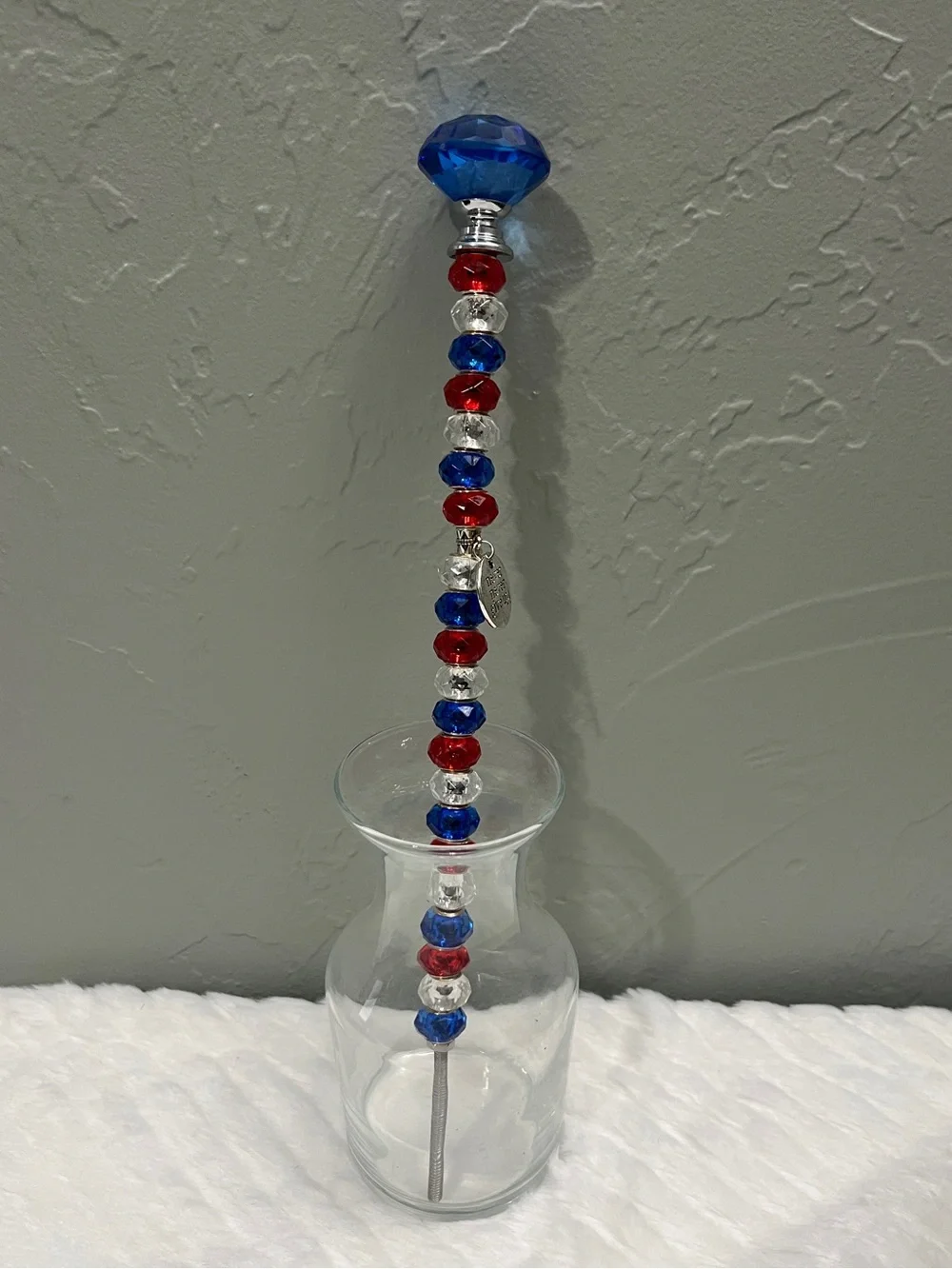 Handmade Fairy Wand Garden Plant Stake Glass Beads Red, White, Blue